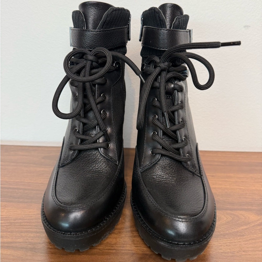 Antonio Melani Black Leather Lace-Up Heeled Combat Boots Size 7.5M